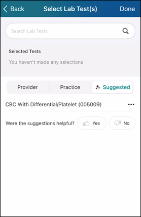 Select Lab Test view with the provider, practice, and suggested tabs