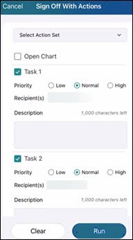 Sign off with actions view with actions selected