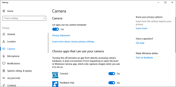 Windows privacy settings for camera