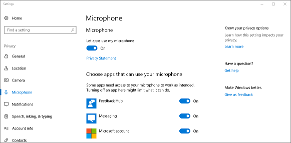 Windows privacy settings for microphone