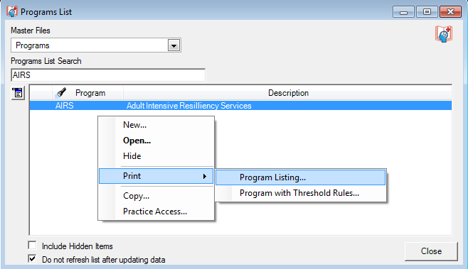 Aprograms List window; Print menu