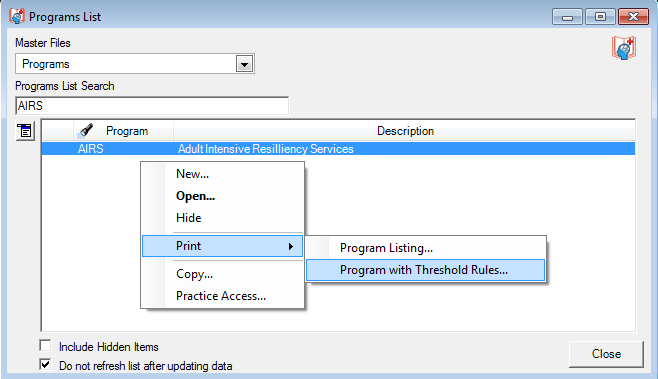 Programs List window; Print menu