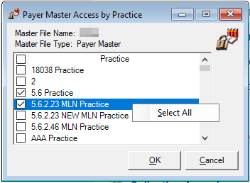 Select All in the Payer Master Access by Practice window