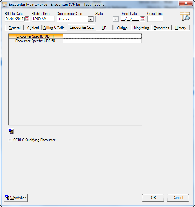 Encounter Maintenance window; Encounter Specifics tab