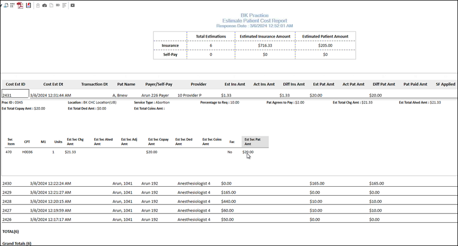 Estimate Patient Cost Report