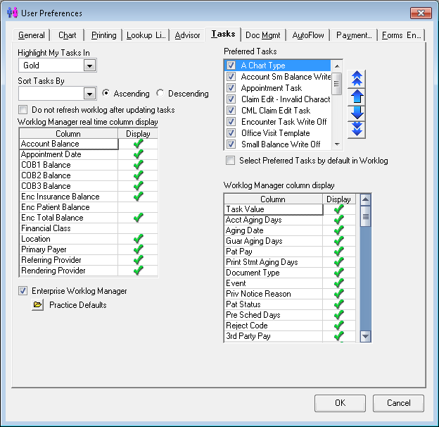 Practice Defaults folder appears on the User Preferences window