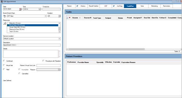 Worklog tasks associated with a specified patient is displayed on the Tasks/Prov tab in the Edit Appointment window