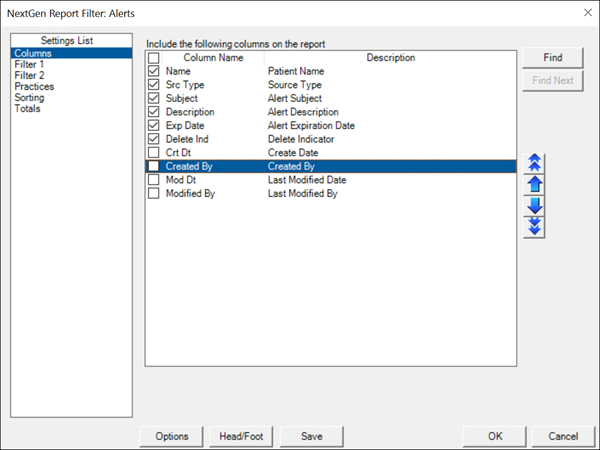 NextGen Report Filter: Alerts window