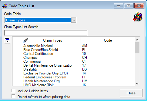 Code Tables List window