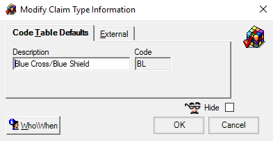 Modify Claim Type Information window