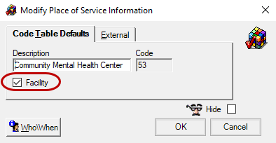 Modify Place of Service Information window