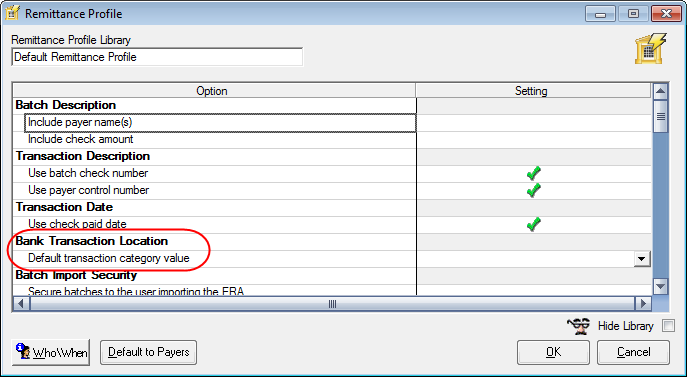 Select the default transaction category value in the Remittance Profile window