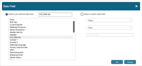Data Field window opens to select an alternative existing data field