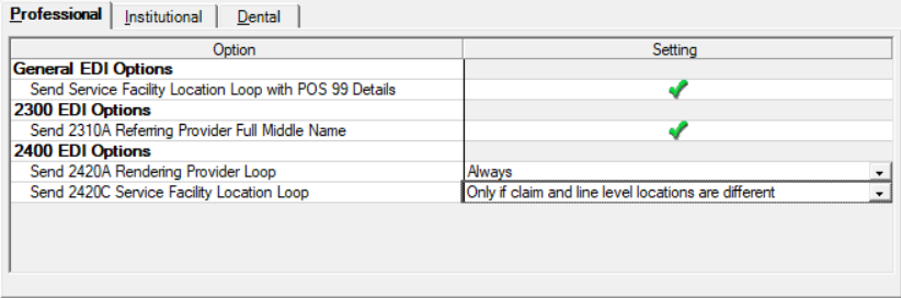 EDI Claim Profile Maintenance window for setting professional EDI claim profile rules