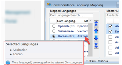 List of all the languages mapped to a correspondence language appears