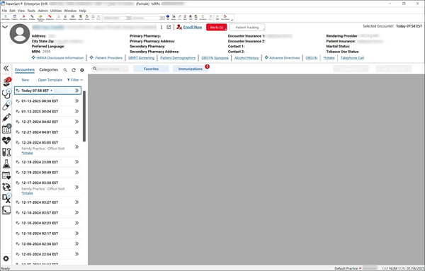 NextGen Enterprise EHR main window components