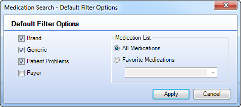 Medication Search - Default Filter Options window