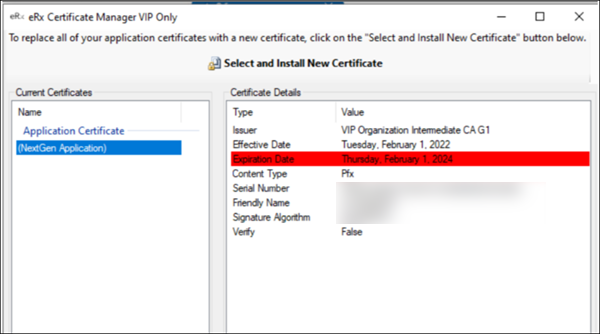 eRx Certificate Manager VIP Only window with expiration date