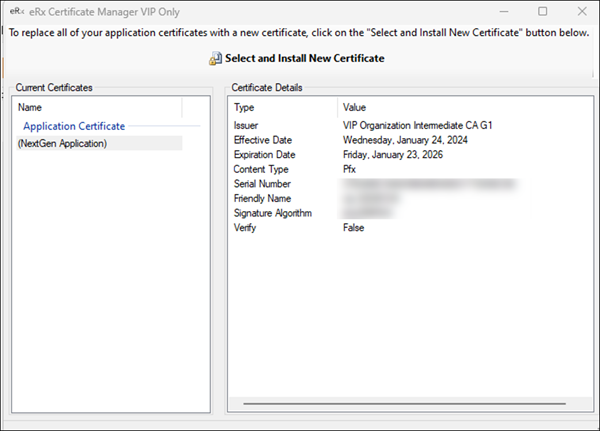 eRx Certificate Manager VIP Only with new certificate expiration date