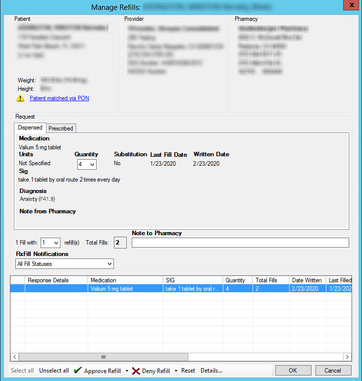 Manage Refills window