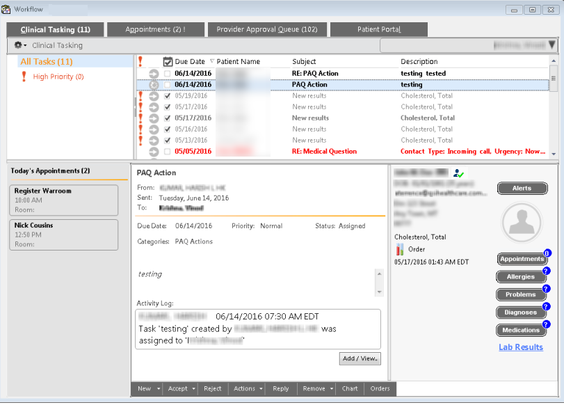Clinical Tasking tab opened in the Workflow module