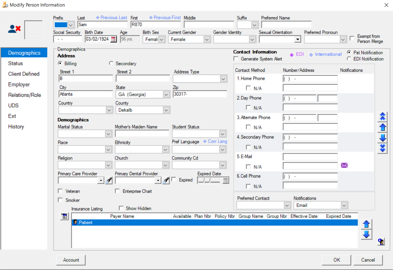 Modify person information window