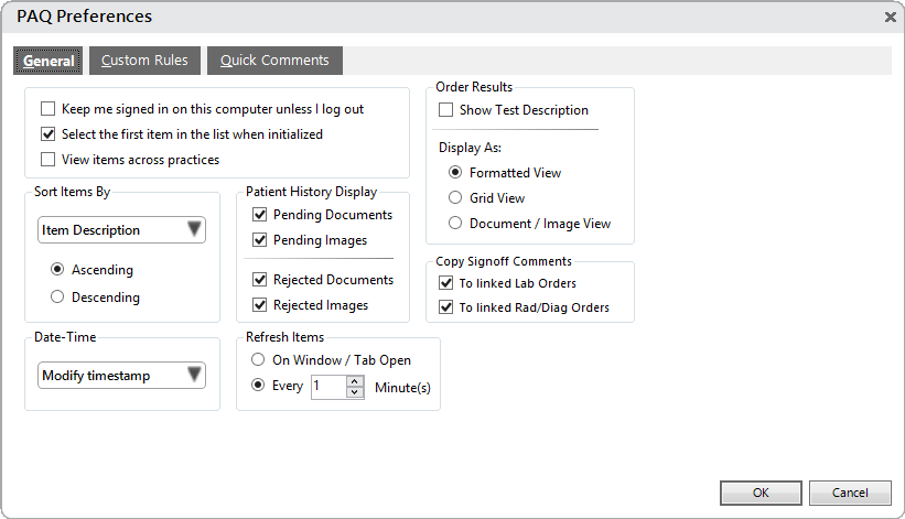 PAQ Preferences window