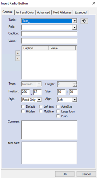 Insert Radio Button window opened with the General tab
