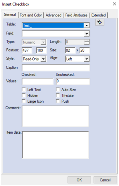Insert Checkbox window opened with the General tab