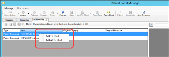 Details for the attachment display in the Attachments tab on the Patient Portal Message window
