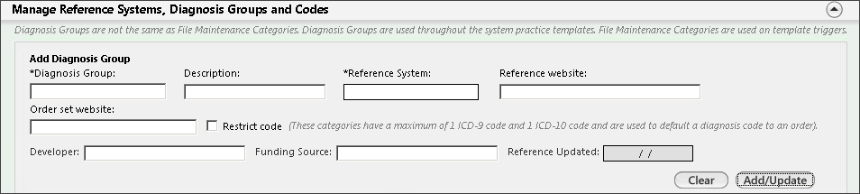 Manage reference systems, diagnosis groups and codes panel displaying the fields to add a diagnosis group