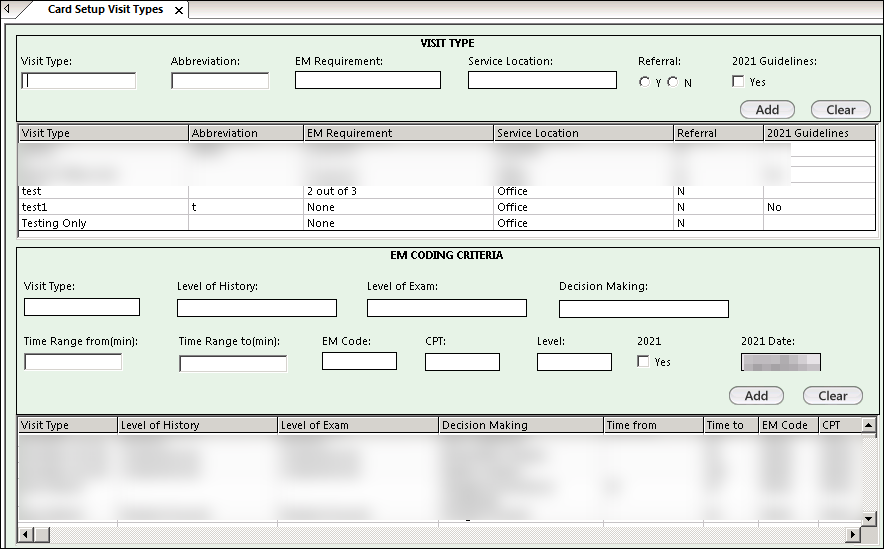 Card Setup Visit Types