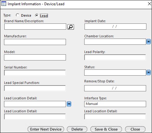 Lead information on Implant Information - Device/Lead