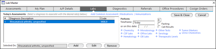 lab master window displaying the lab test types