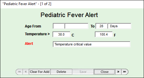 Pediatric Fever Alert window to update an alert depending on the age