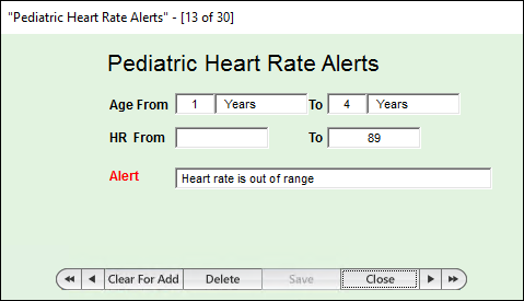 Pediatric heart rate alert window to update an alert depending on the age