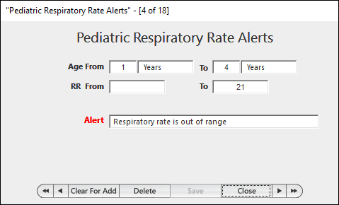 Pediatric Respiratory Rate Alerts window to update an alert depending on the age