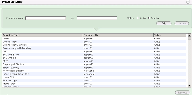 Procedure Setup panel on the ASC Procedure Config template