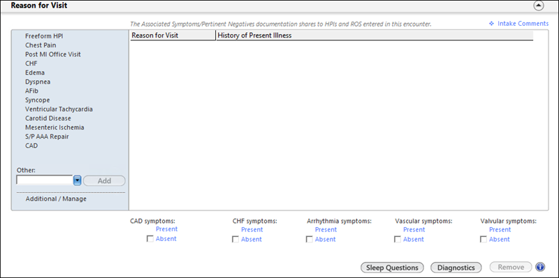 Reason for Visit panel on Intake - Cardiology template