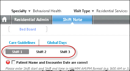 Shift Note tab in Residential Services Visit Type for Behavioral Health