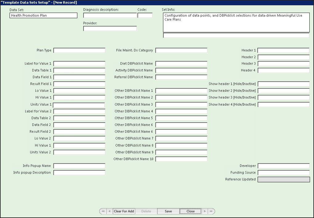 Template Data Sets Setup