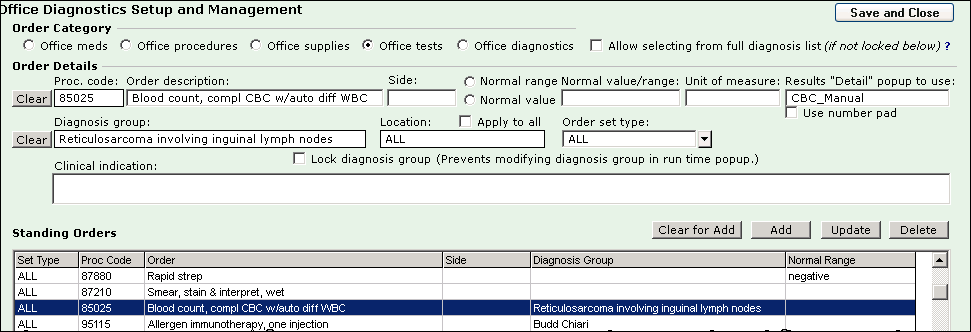 Office Diagnostics Setup and Management window displaying the standing orders in the grid.