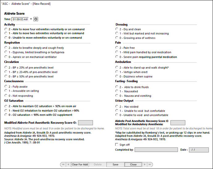 ASC - Aldrete Score template