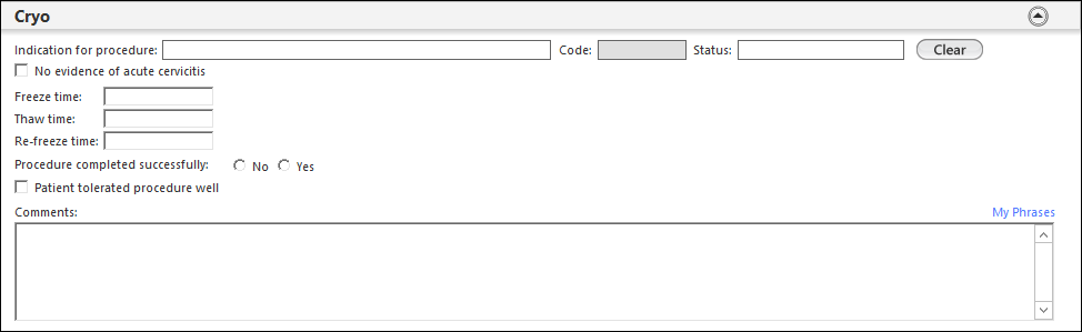 The Cryo panel of the Colposcopy - Procedure template