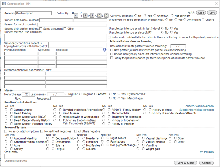 Contraception – HPI template