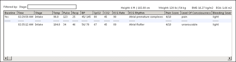 Baseline Vital Signs grid