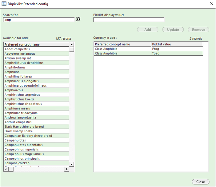 Dbpicklist Extended Config window displaying all the animal types that can be configured