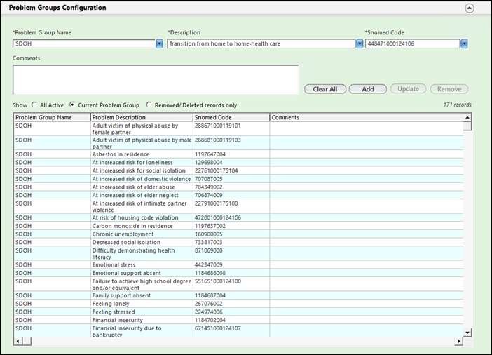 Problem groups configuration panel