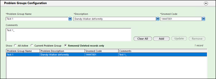 Probelm group configuration window allowing users to restore the removed records by selecting the removed records option