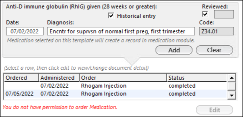 Anti-D immune globulin (RhIG) on Optional Orders panel